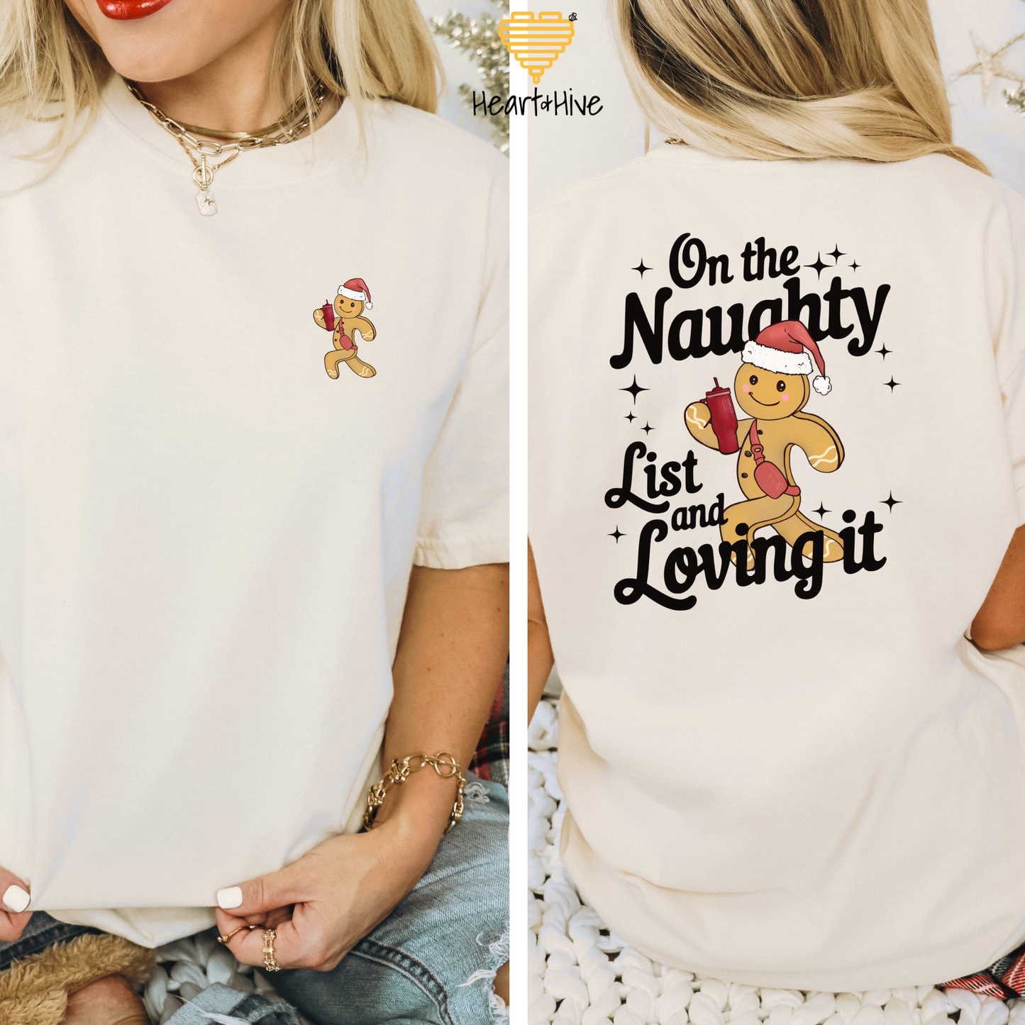 On The Naughty List Gingerbread Man // Double-Sided Unisex Tee // 3 COLORS - Heart & Hive Designs