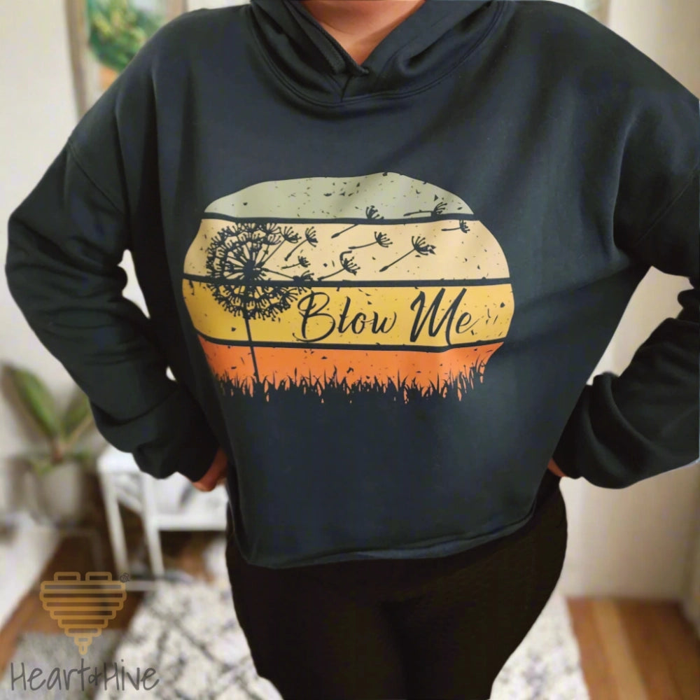 Atlantic cropped hoodie with a retro sunset circle, grass, and the faded silhouette of a dandelion and 'Blow Me' text.