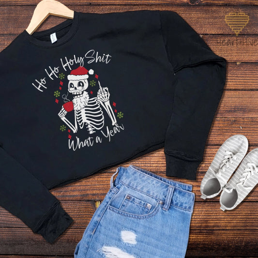 Skeleton Middle Finger What a Year // Crop Crew Fleece // BLACK - Heart & Hive Designs