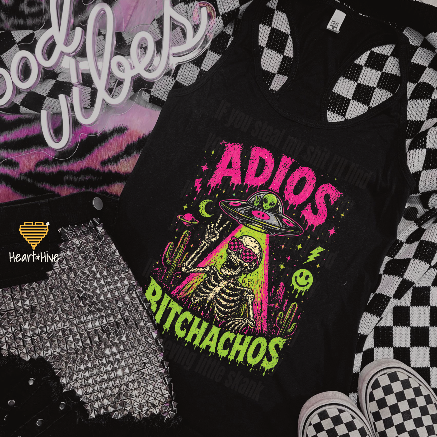 Adios Bitchachos Alien Skeleton / Black Racerback Tank