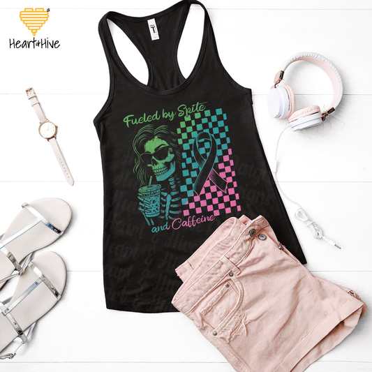 Fueled By Spite and Caffeine Metastatic Breast Cancer // Ladies Racerback Tank // Black
