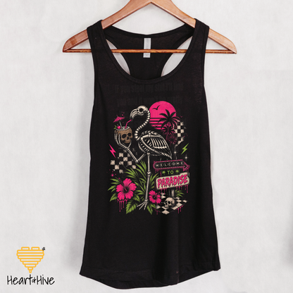Welcome to Paradise Flamingo Skeleton Racerback Tank Top |  Tropical Goth Graphic