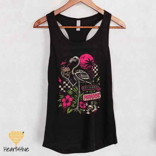 Welcome to Paradise Flamingo Skeleton Racerback Tank Top |  Tropical Goth Graphic
