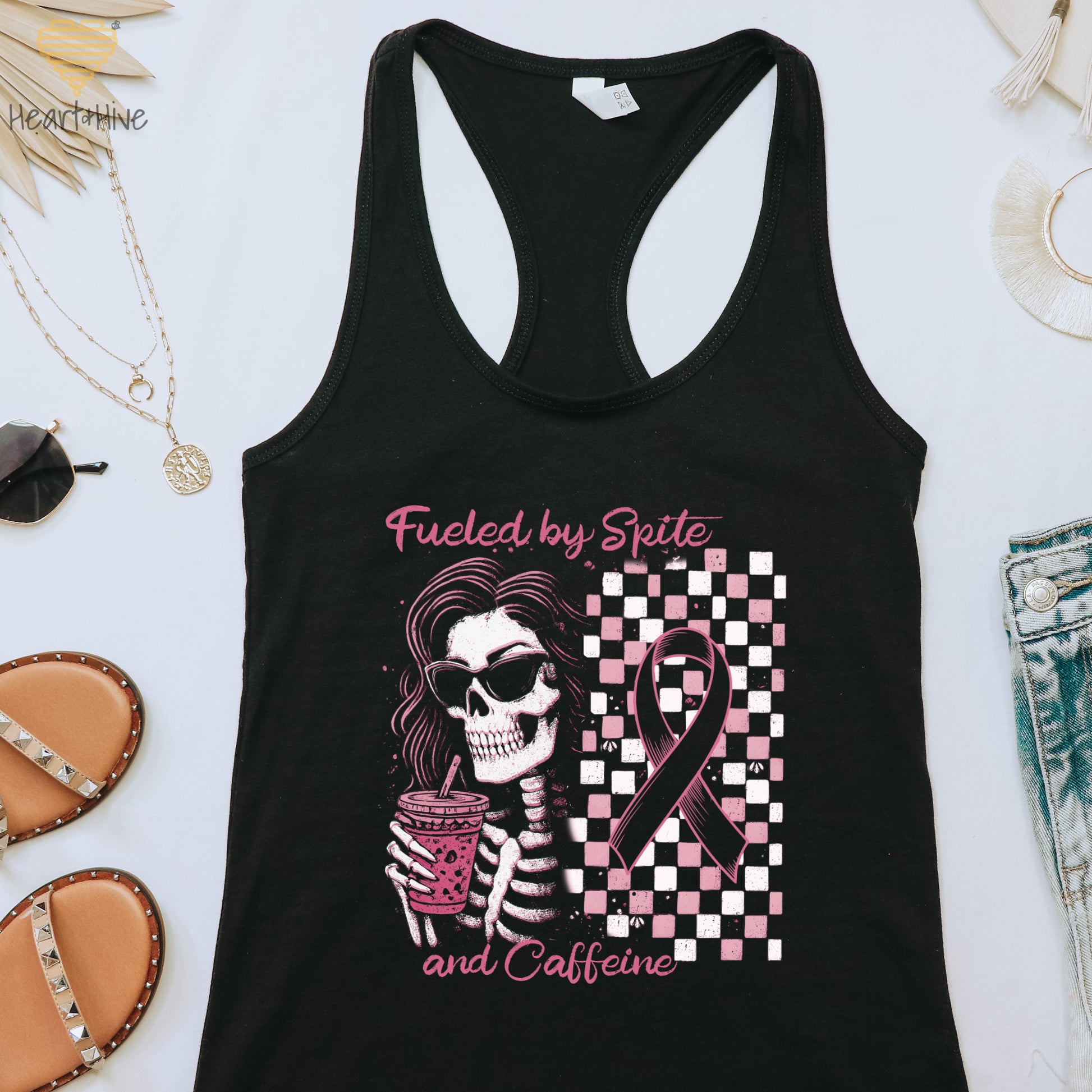 Fueled By Spite and Caffeine Breast Cancer // Ladies Racerback Tank // Black - Heart & Hive Designs