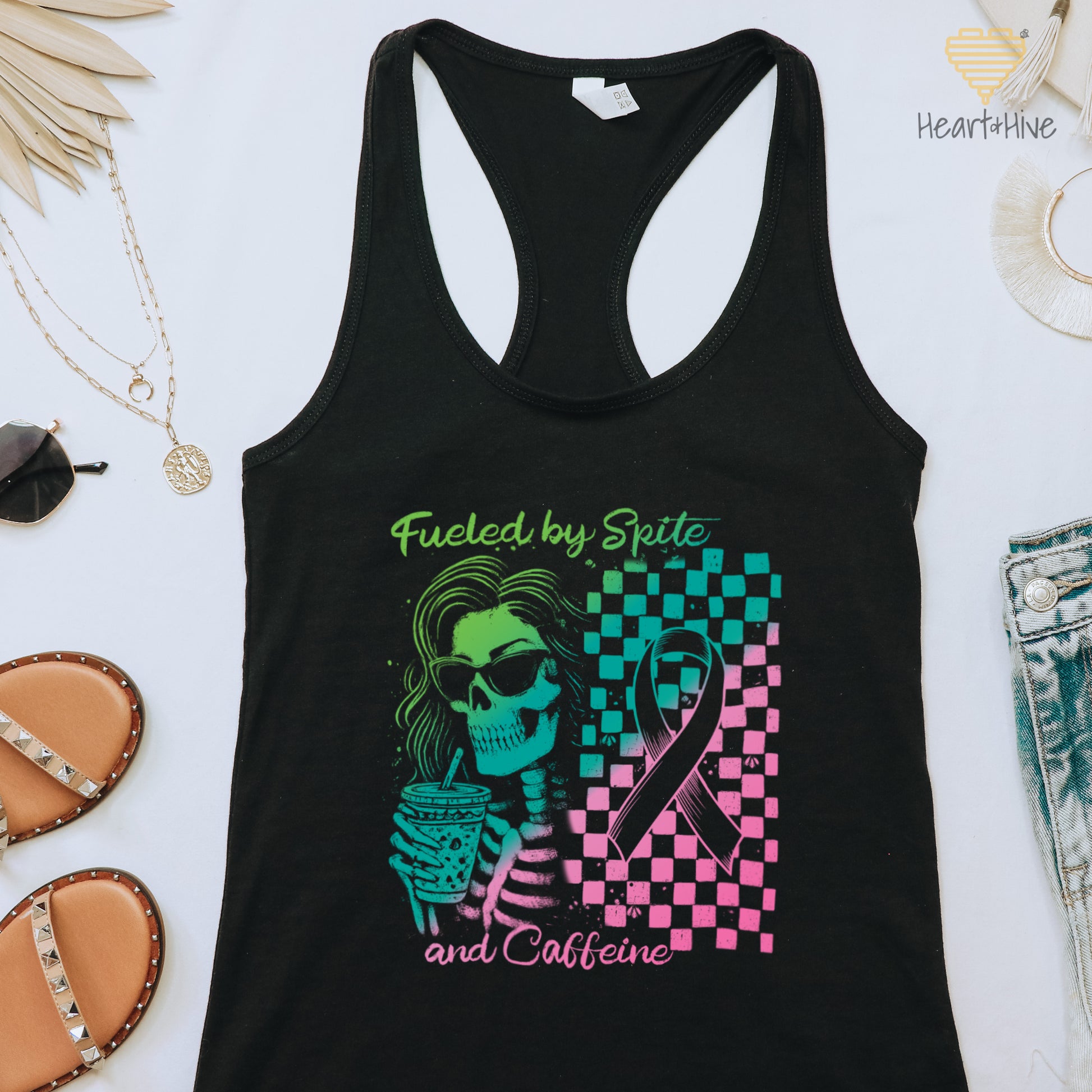 Fueled By Spite and Caffeine Metastatic Breast Cancer // Ladies Racerback Tank // Black - Heart & Hive Designs
