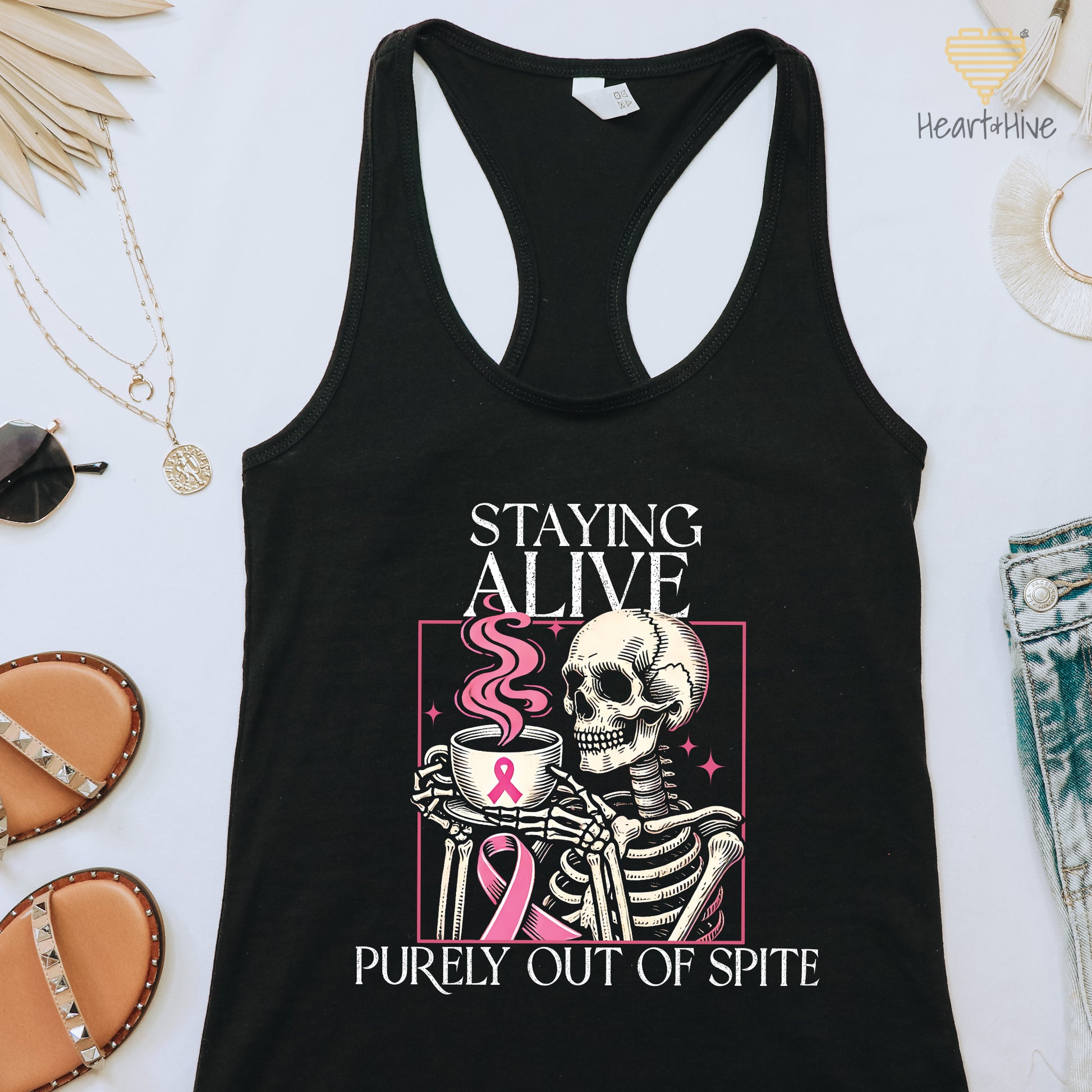 Staying Alive Purely Out of Spite // Ladies Racerback Tank // Black - Heart & Hive Designs