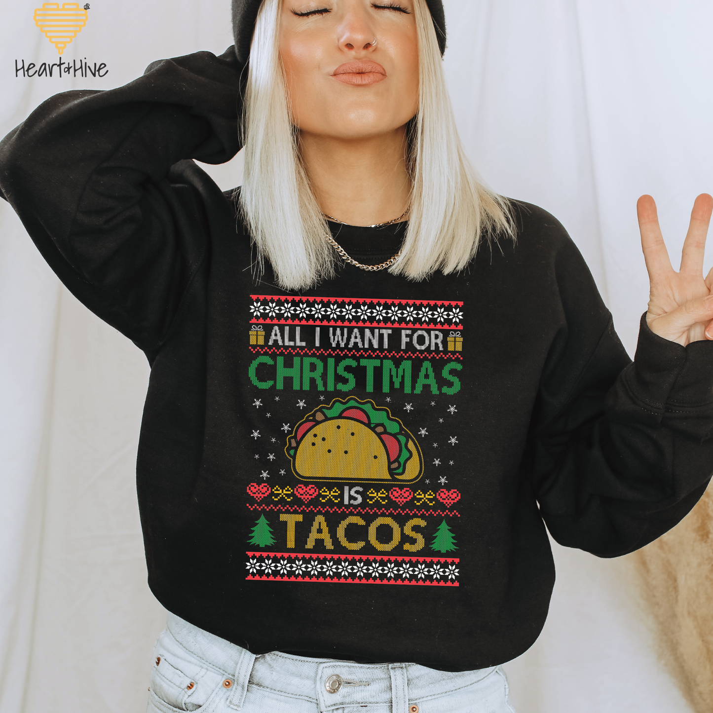 All I Want For Christmas is Tacos Faux Ugly Sweater // Sweatshirt // BLACK