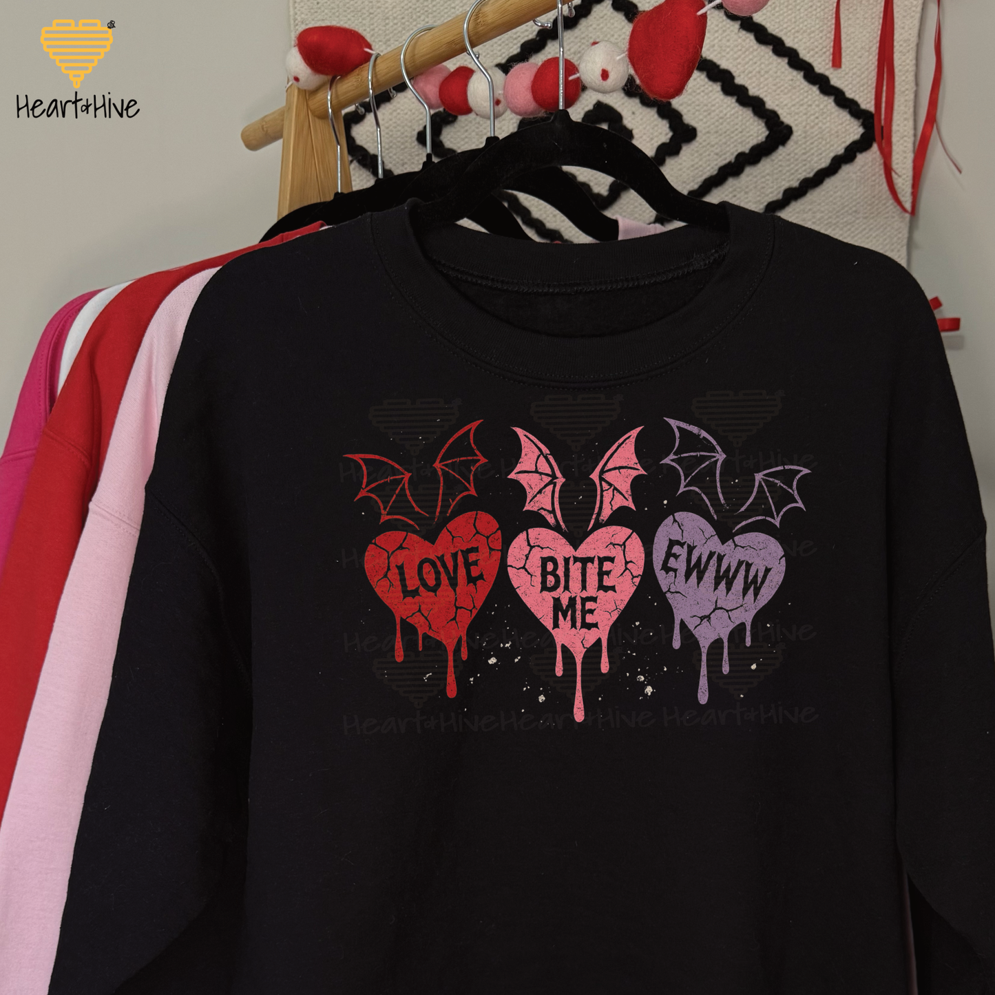 Love, Bite Me, Eww Cute Bat Winged Candy Hearts // Spooky Valentines Day // Optional Bleeding Heart Sleeves // BLACK
