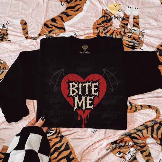 Bite Me Bat Winged Heart Design // Spooky Valentines Day // Optional Bleeding Heart Sleeves // BLACK