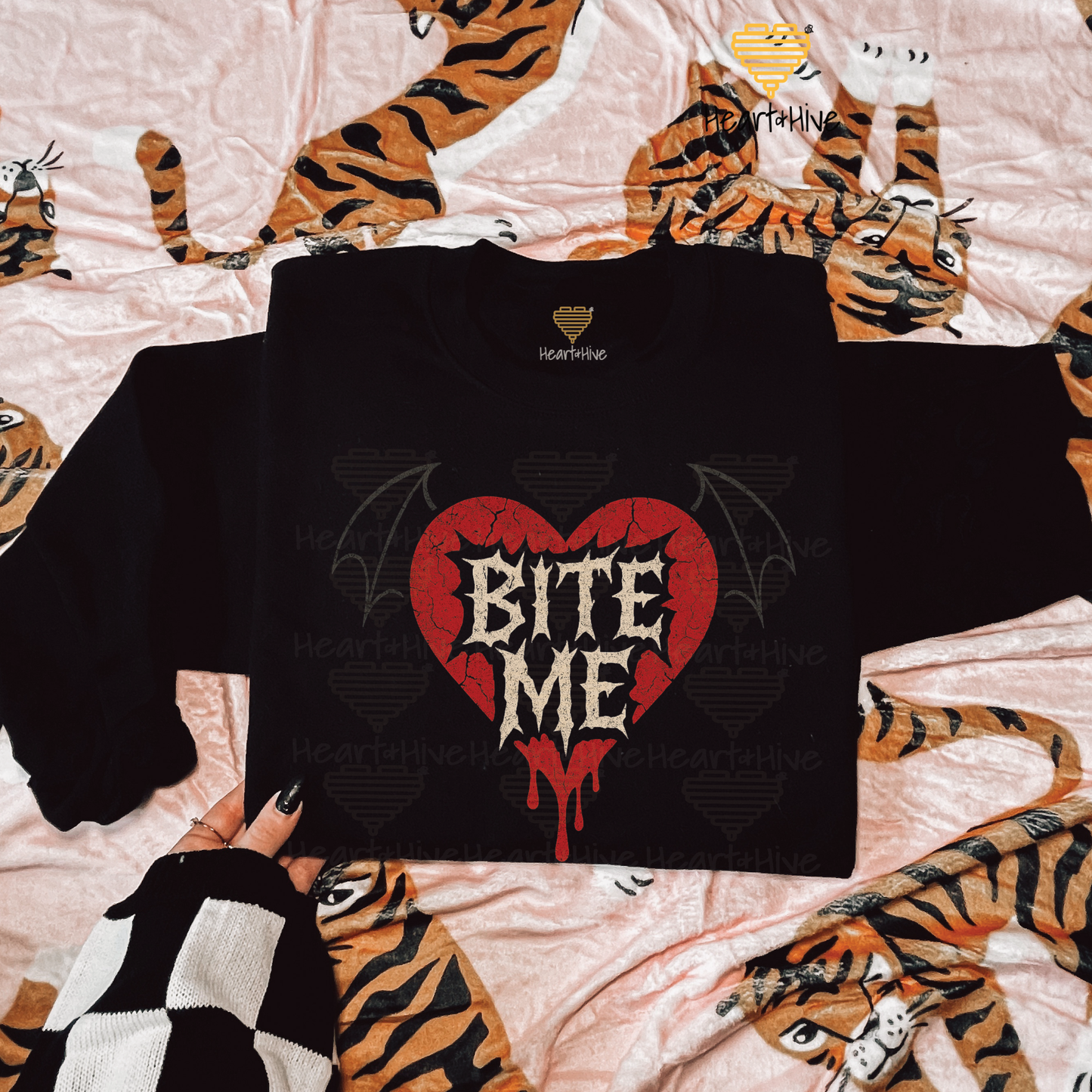 Bite Me Bat Winged Heart Design // Spooky Valentines Day // Optional Bleeding Heart Sleeves // BLACK