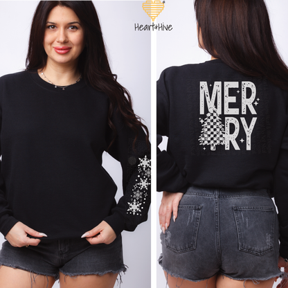 Merry Checkered Christmas Tree // Optional Snowflake Sleeves // BLACK