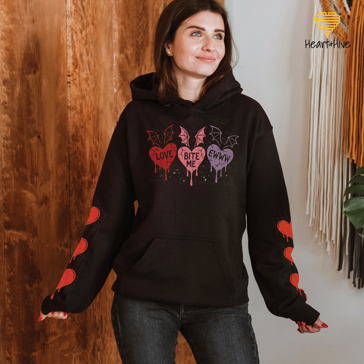 Love, Bite Me, Eww Cute Bat Winged Candy Hearts // Spooky Valentines Day // Optional Bleeding Heart Sleeves // BLACK