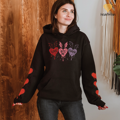 Love, Bite Me, Eww Cute Bat Winged Candy Hearts // Spooky Valentines Day // Optional Bleeding Heart Sleeves // BLACK
