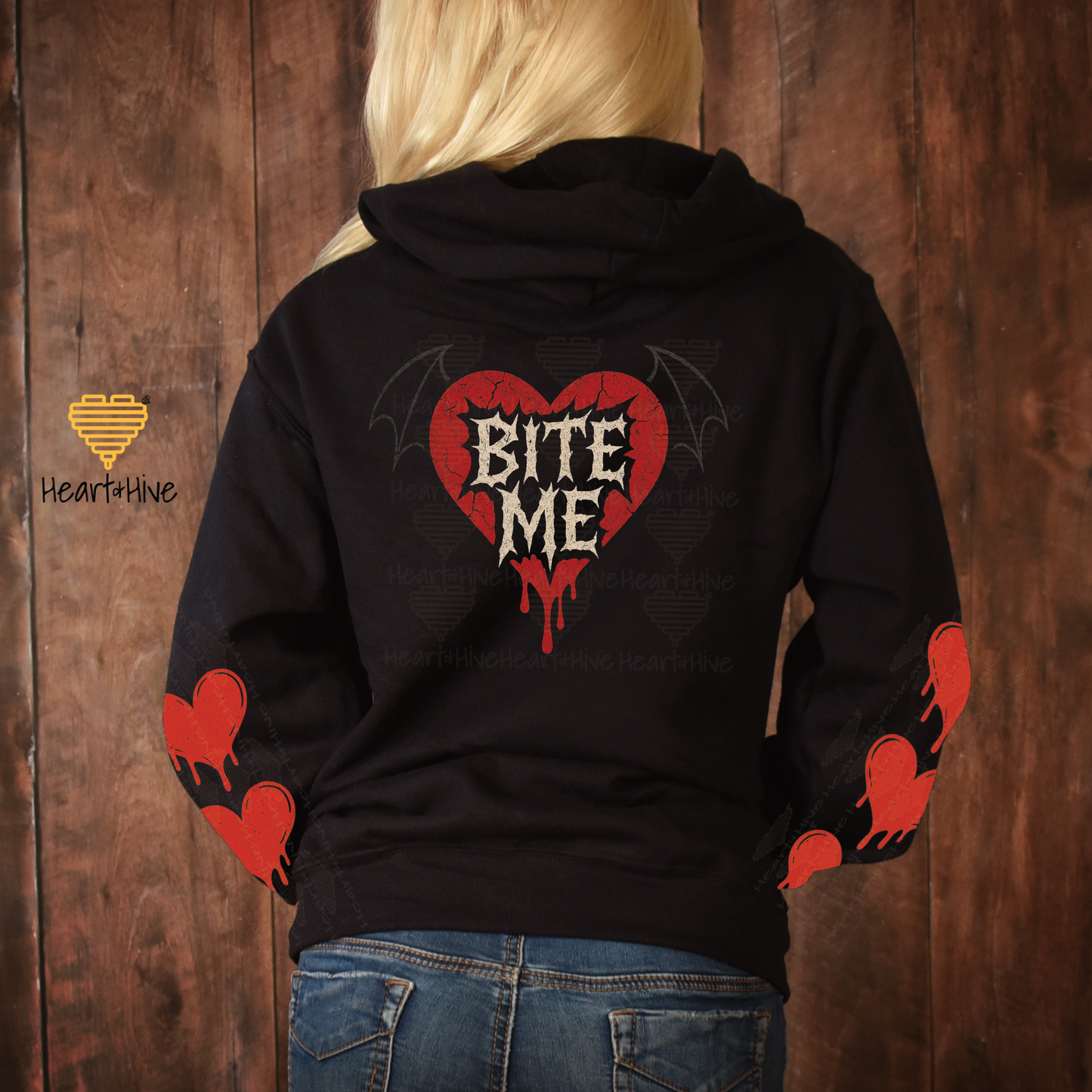 Bite Me Bat Winged Heart Design // Spooky Valentines Day // Optional Bleeding Heart Sleeves // BLACK