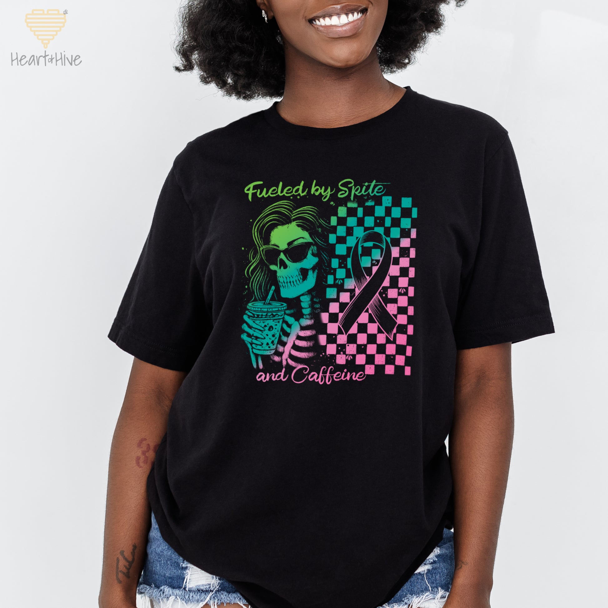 Fueled By Spite and Caffeine Metastatic Breast Cancer // Unisex Tee // BLACK - Heart & Hive Designs