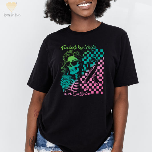 Fueled By Spite and Caffeine Metastatic Breast Cancer // Unisex Tee // BLACK - Heart & Hive Designs