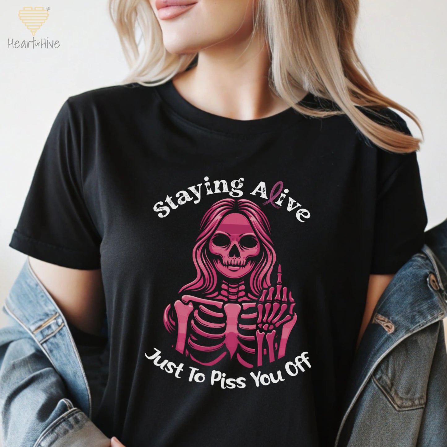 Breast Cancer Survivor Shirt – Skeleton “Staying Alive Just To Piss You Off” Unisex Tee // BLACK - Heart & Hive Designs