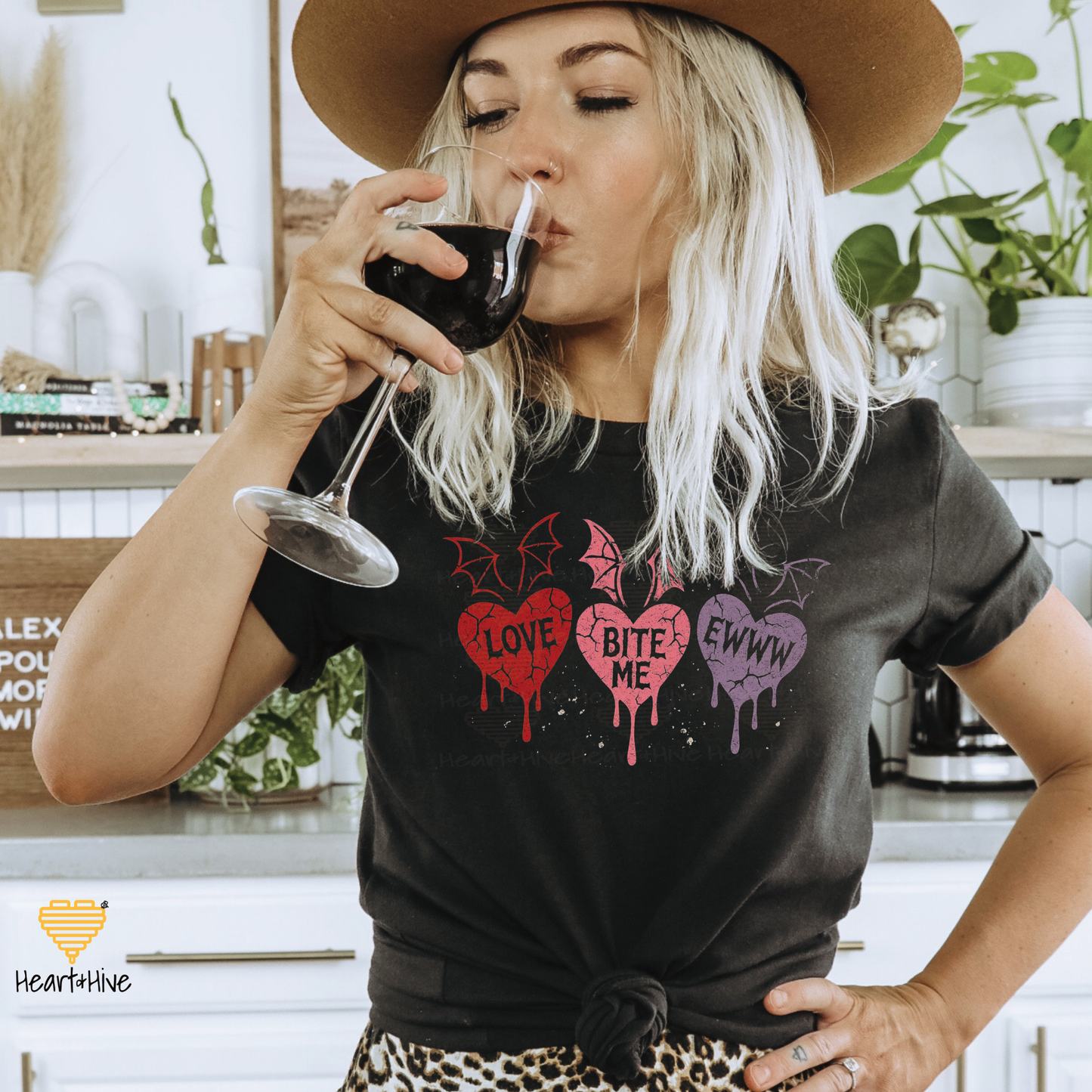 Love, Bite Me, Eww Cute Bat Winged Candy Hearts // Spooky Valentines Day // Optional Bleeding Heart Sleeves // BLACK