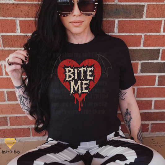 Bite Me Bat Winged Heart Design // Spooky Valentines Day // Optional Bleeding Heart Sleeves // BLACK