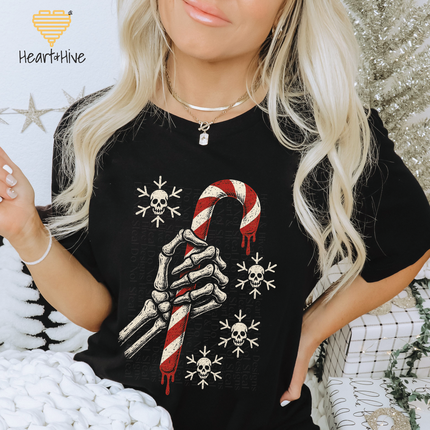 Spooky Skeleton Holding Candy Cane // Optional Skeleton Snowflake Sleeve // BLACK