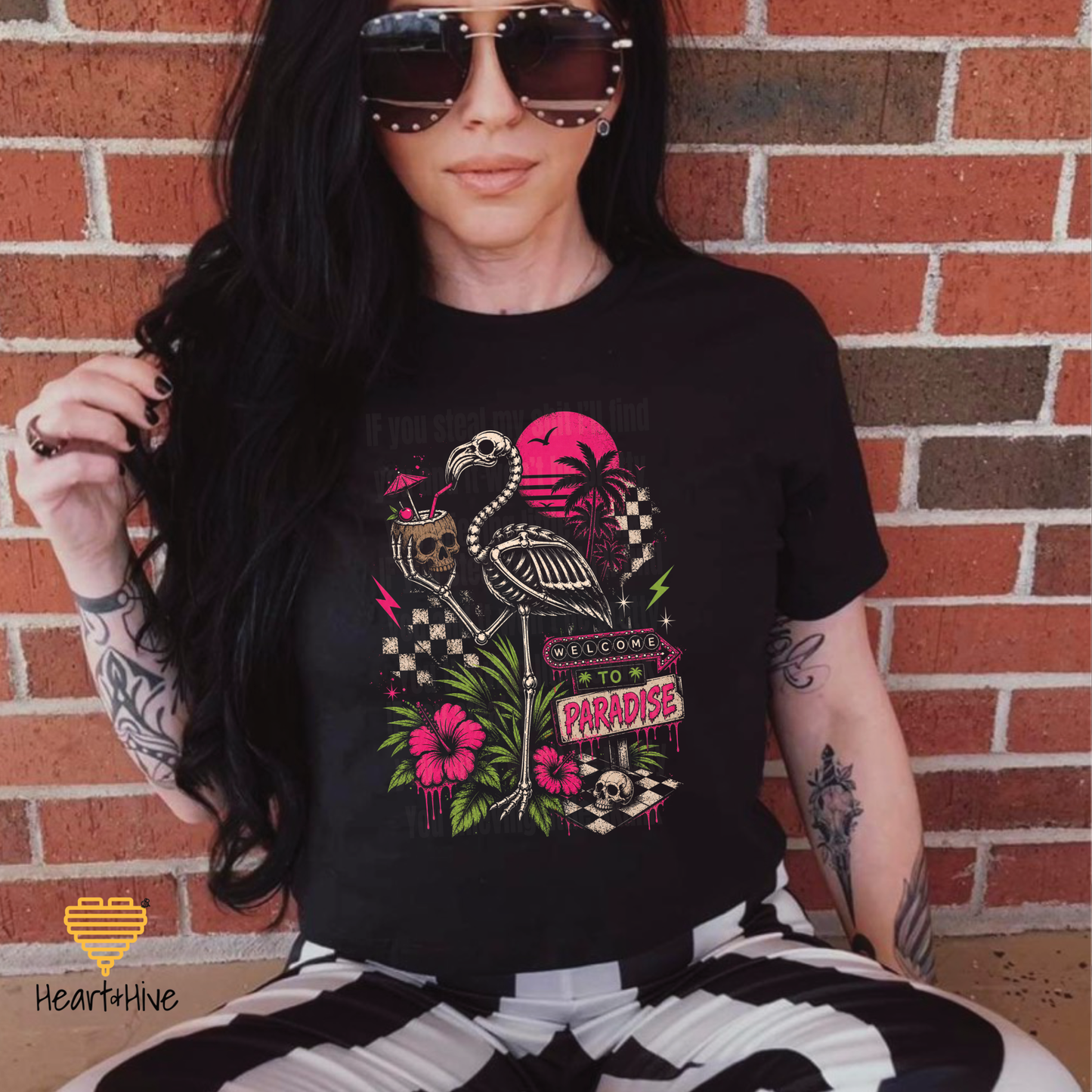 Welcome to Paradise Flamingo Skeleton Tropical Goth Graphic | Black Bella Canvas Unisex Tee (Copy)