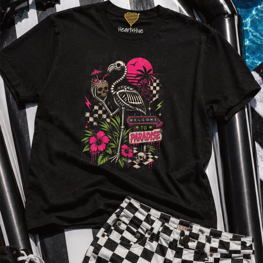 Welcome to Paradise Flamingo Skeleton Tropical Goth Graphic | Black Bella Canvas Unisex Tee (Copy)