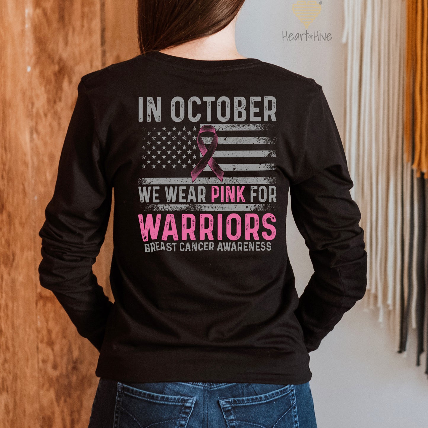 Breast Cancer Awareness Flag // Unisex Long Sleeve Tee // BLACK - Heart & Hive Designs