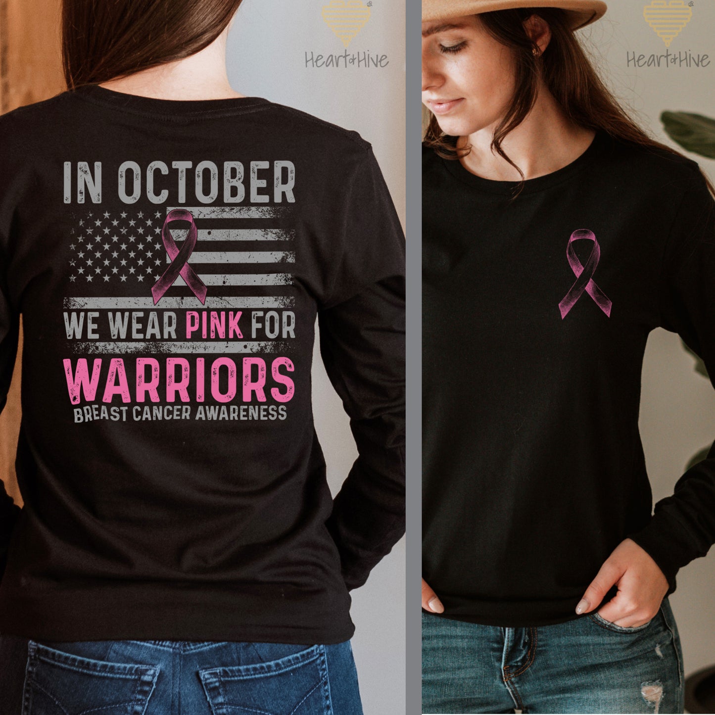 Breast Cancer Awareness Flag // Unisex Long Sleeve Tee // BLACK - Heart & Hive Designs