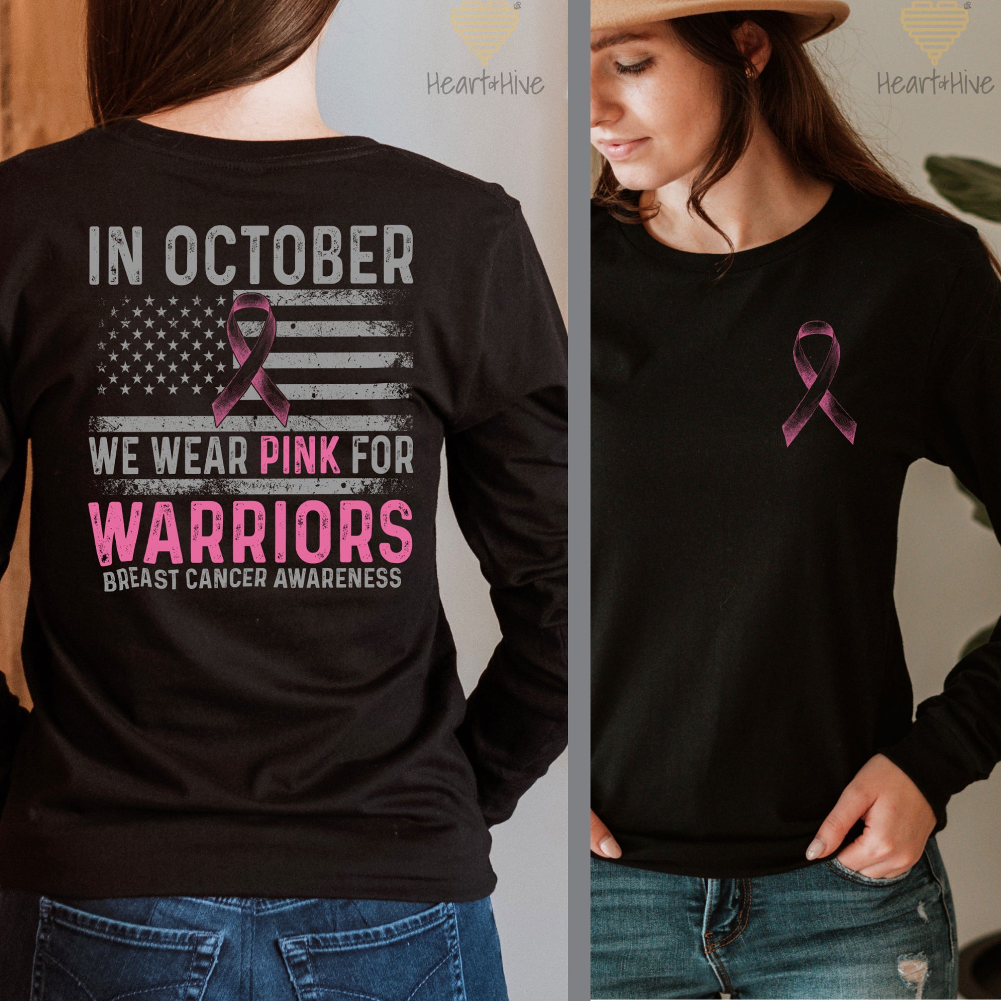 Breast Cancer Awareness Flag // Unisex Long Sleeve Tee // BLACK - Heart & Hive Designs