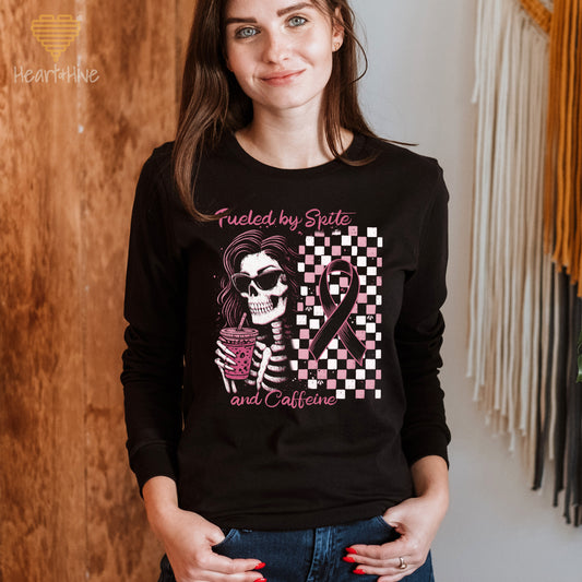 Fueled By Spite and Caffeine Breast Cancer // Unisex Long Sleeve Tee // BLACK - Heart & Hive Designs