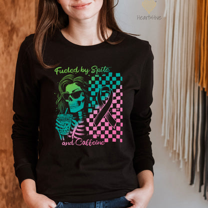 Fueled By Spite and Caffeine Metastatic Breast Cancer // Unisex Long Sleeve Tee // BLACK - Heart & Hive Designs