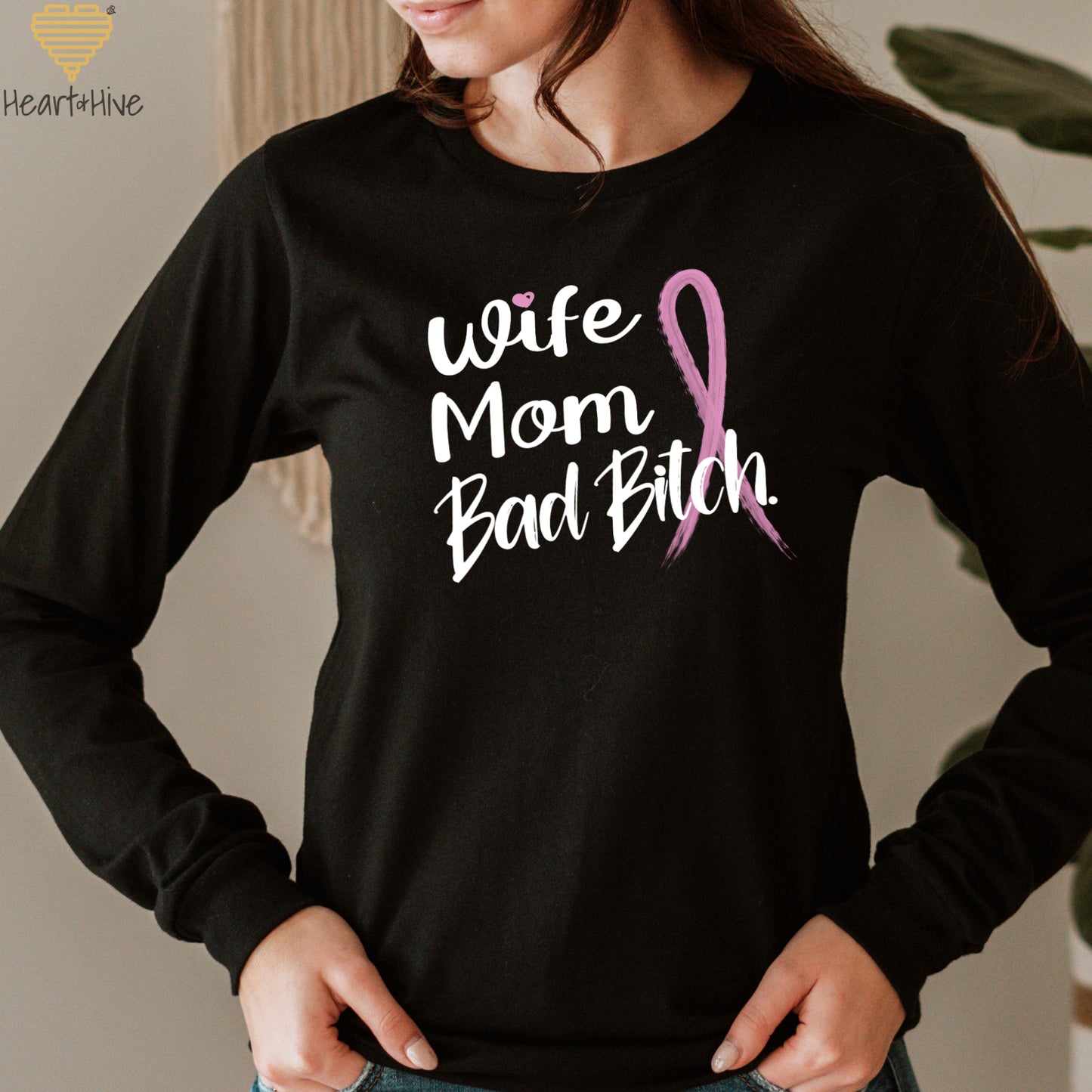 Wife, Mom, Fighter or Wife Mom Bad Bitch // Breast Cancer Awareness Shirt // Unisex Long Sleeve Tee // 2 COLORS
