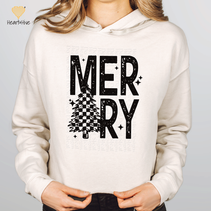 Merry Checkered Christmas Tree // Crop Hoodie & Crew Fleece // 4 COLORS