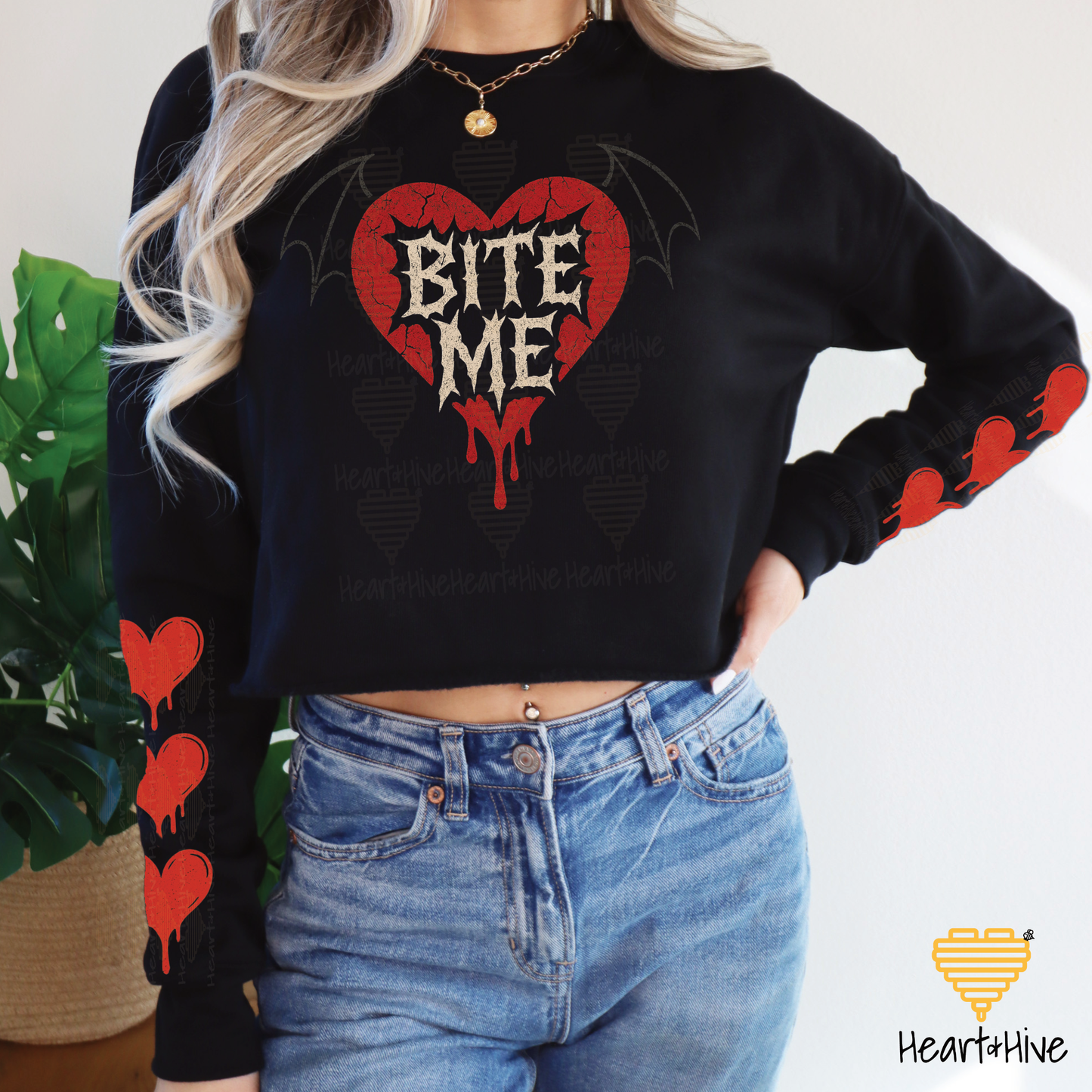 Bite Me Bat Winged Heart Design // Spooky Valentines Day // Optional Bleeding Heart Sleeves // BLACK
