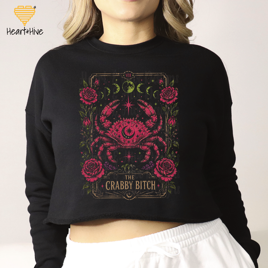 The Crabby Bitch Zodiac Tarot Card / Black Cropped Crewneck Sweatshirt