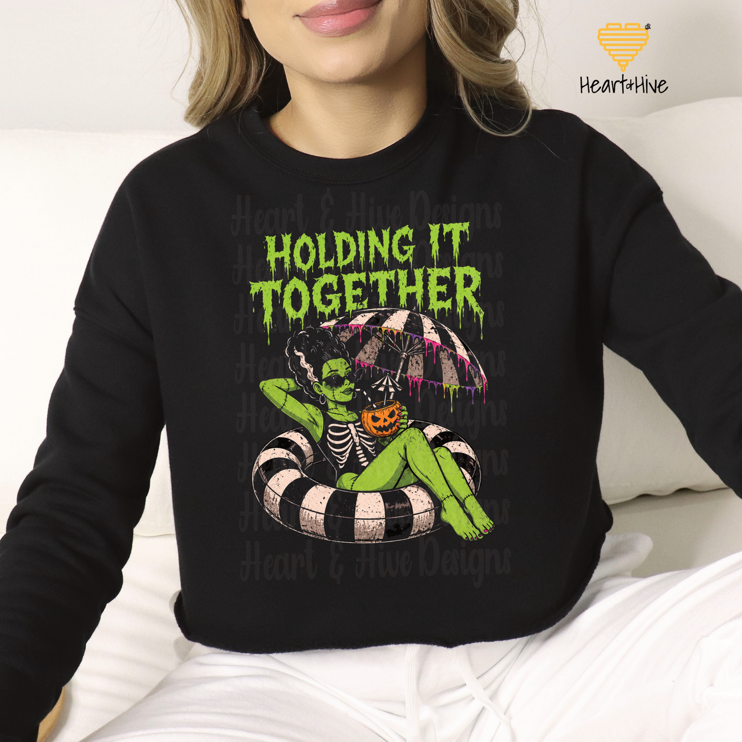 Holding It Together Zombie Bride / Black Cropped Crewneck Sweatshirt