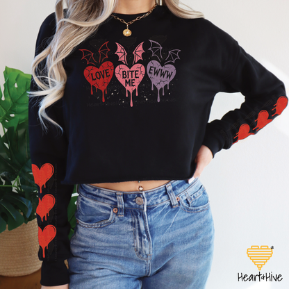 Love, Bite Me, Eww Cute Bat Winged Candy Hearts // Spooky Valentines Day // Optional Bleeding Heart Sleeves // BLACK