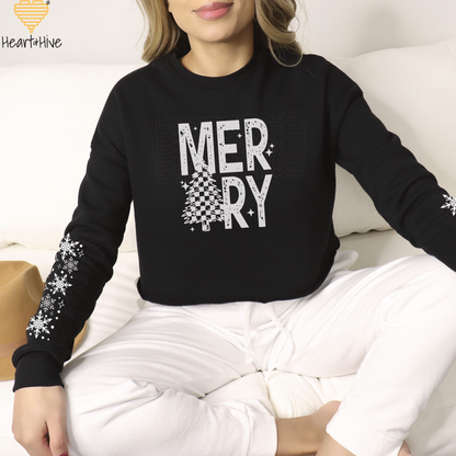 Merry Checkered Christmas Tree // Optional Snowflake Sleeves // BLACK