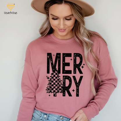 Merry Checkered Christmas Tree // Crop Hoodie & Crew Fleece // 4 COLORS