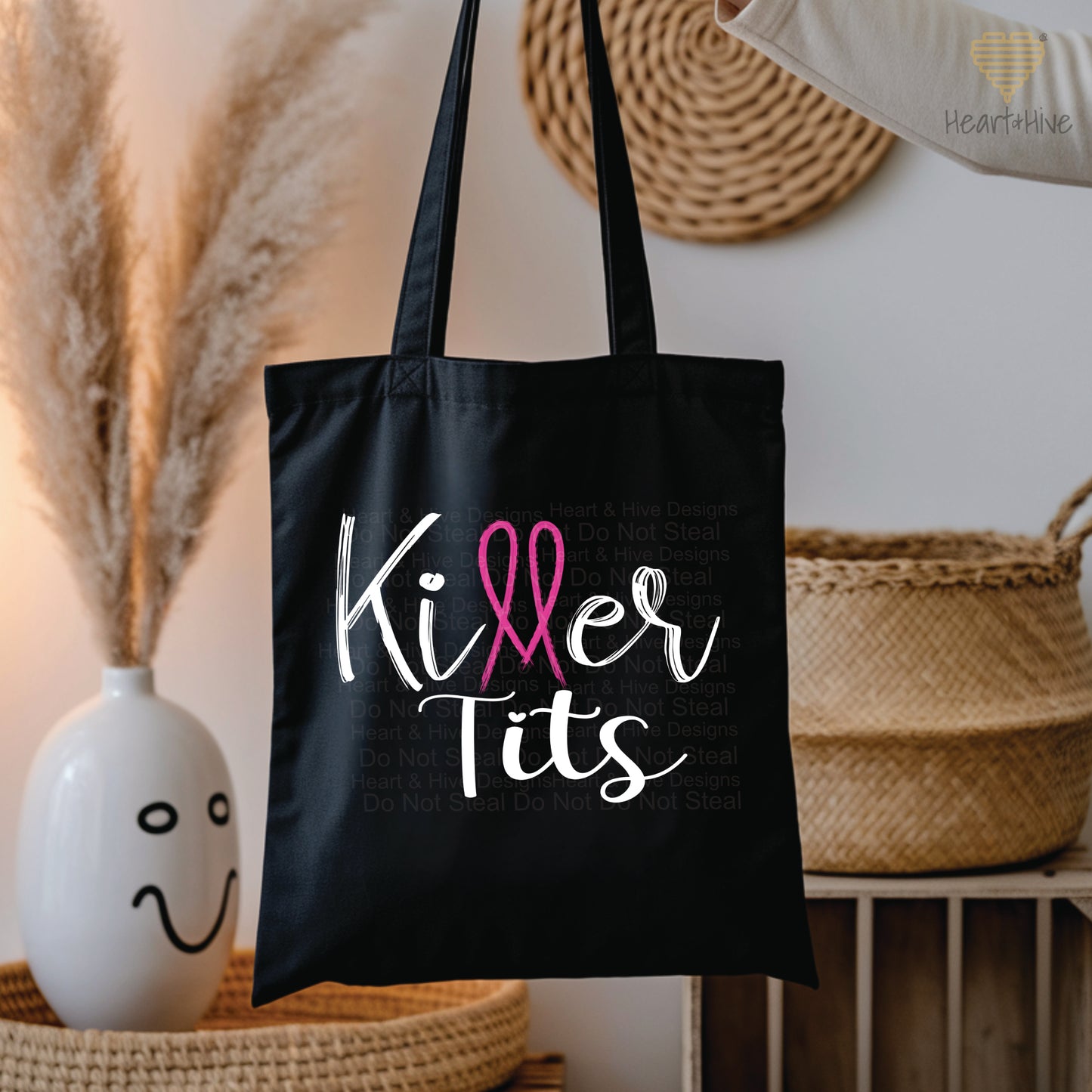 Killer Tits, Boobs, or Tatas Breast Cancer - Pink Ribbon // Tote Bag // 2 COLORS