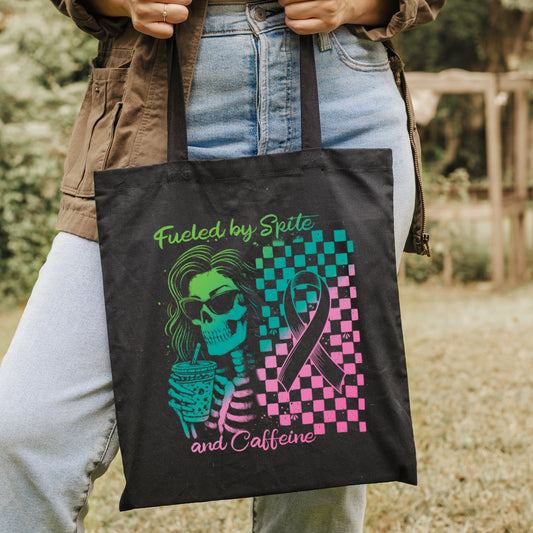 Fueled By Spite and Caffeine Metastatic Breast Cancer // Tote Bag // BLACK - Heart & Hive Designs