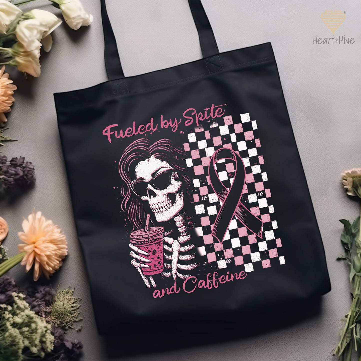Fueled By Spite and Caffeine Breast Cancer // Tote Bag // BLACK - Heart & Hive Designs