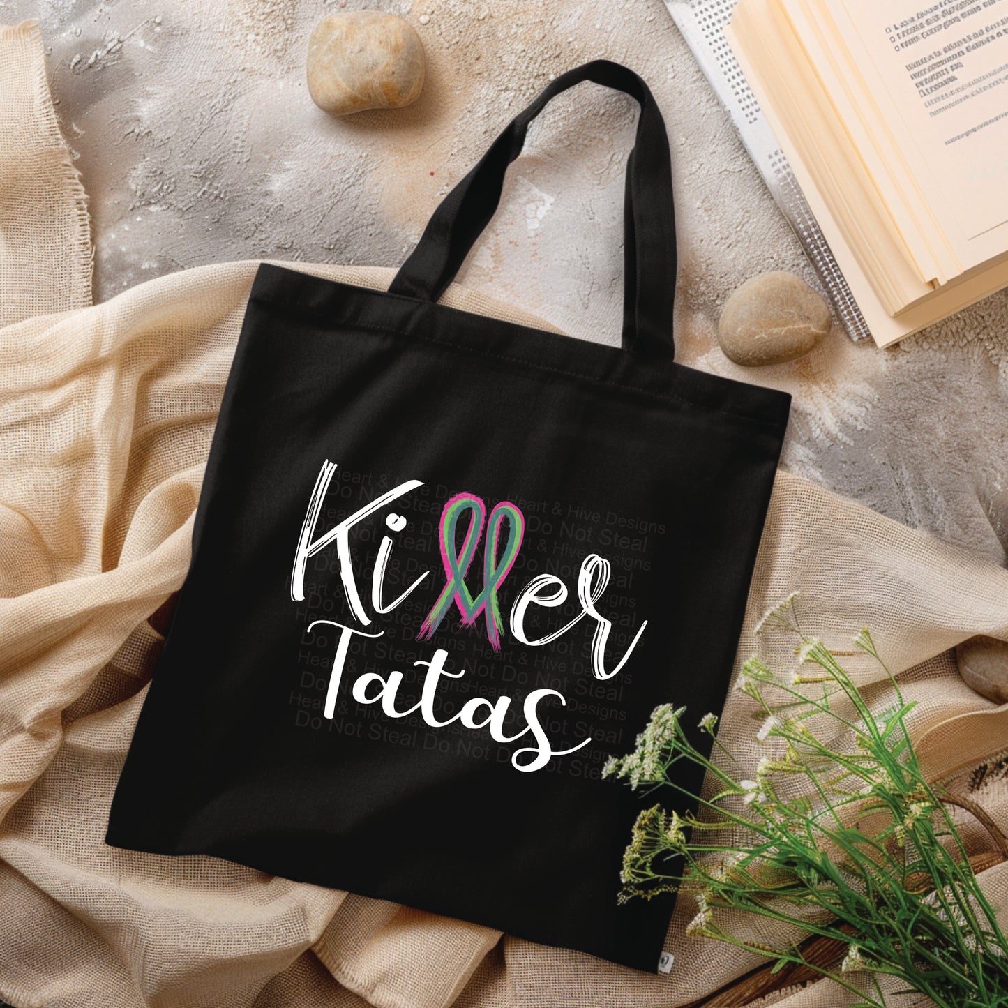 Killer Tits, Boobs, or Tatas Metastatic Breast Cancer - Pink, Teal, Green Ribbon // Tote Bag // 2 COLORS