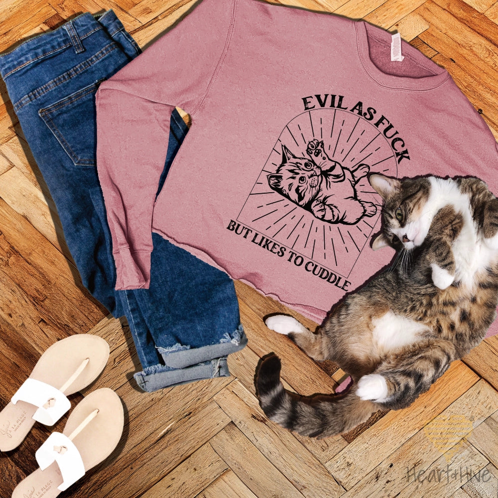 Mauve crop sweatshirt with a black line-art illustration of a kitten lying on its back inside a decorative arched frame with radiating lines. The text 'Evil as Fuck but Likes to Cuddle' is placed above and below the design.