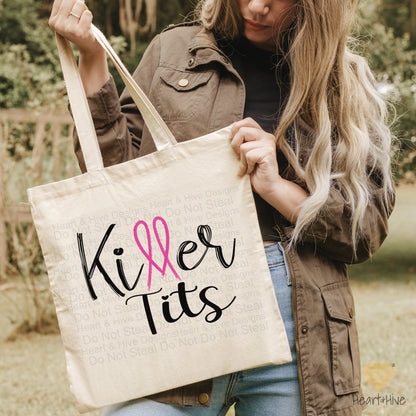 Killer Tits, Boobs, or Tatas Breast Cancer - Pink Ribbon // Tote Bag // 2 COLORS