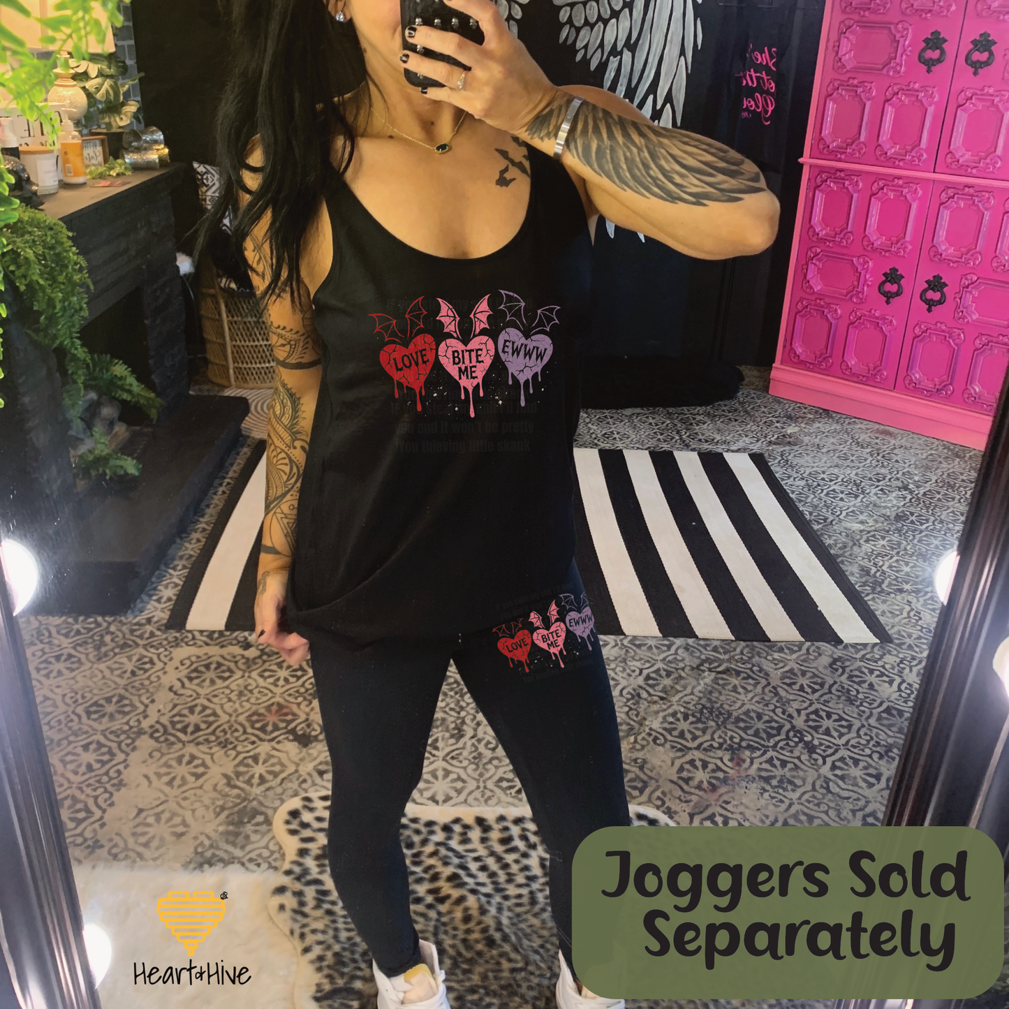 Love, Bite Me, Eww Cute Bat Winged Candy Hearts // Spooky Valentines Day // Optional Bleeding Heart Sleeves // BLACK