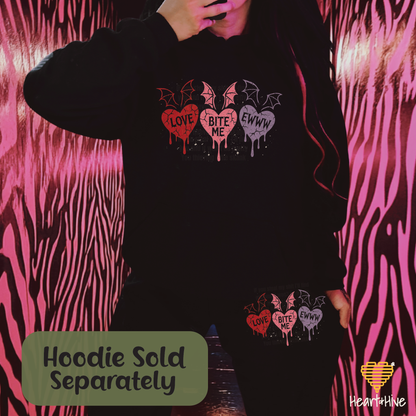 Love, Bite Me, Eww Cute Bat Winged Candy Heart Design // Unisex Softstyle Joggers // BLACK