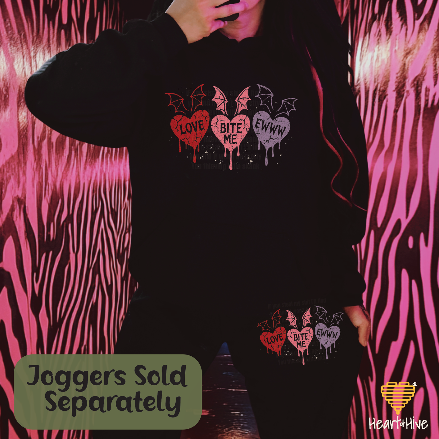 Love, Bite Me, Eww Cute Bat Winged Candy Hearts // Spooky Valentines Day // Optional Bleeding Heart Sleeves // BLACK