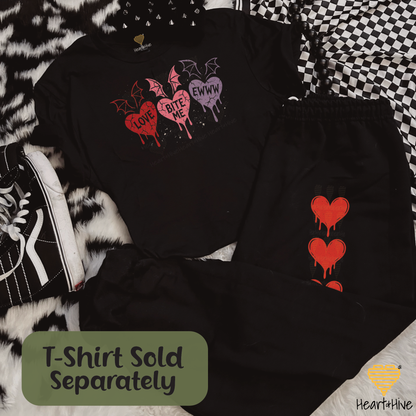 Love, Bite Me, Eww Cute Bat Winged Candy Hearts // Spooky Valentines Day // Optional Bleeding Heart Sleeves // BLACK