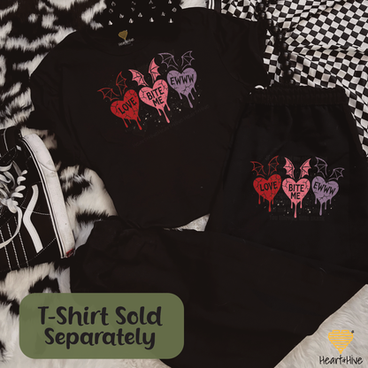 Love, Bite Me, Eww Cute Bat Winged Candy Heart Design // Unisex Softstyle Joggers // BLACK